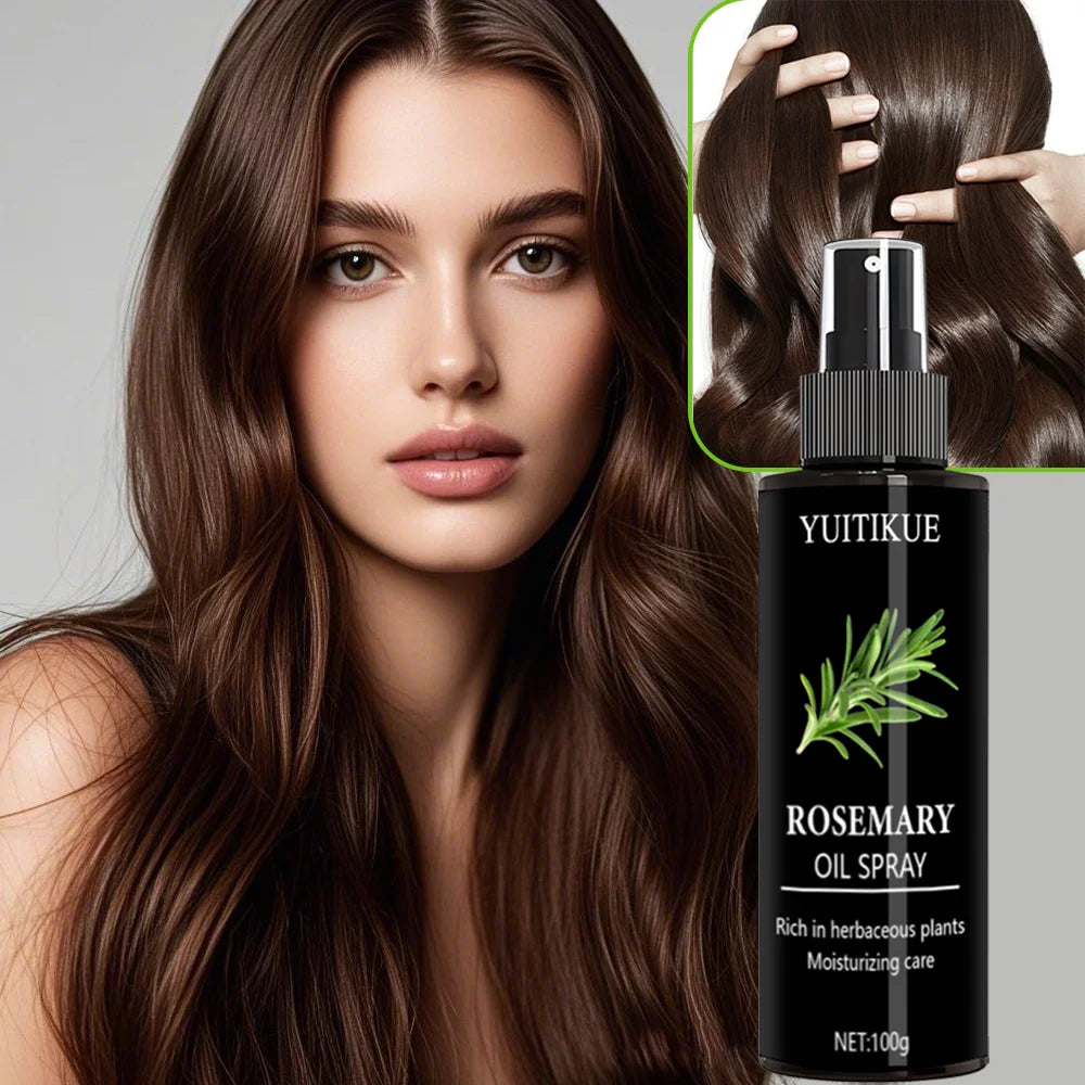 Rosemary hair oil spray, repairs hair damage, prevents hair loss, promotes hair growth, combats dry scalp, and increases shine.