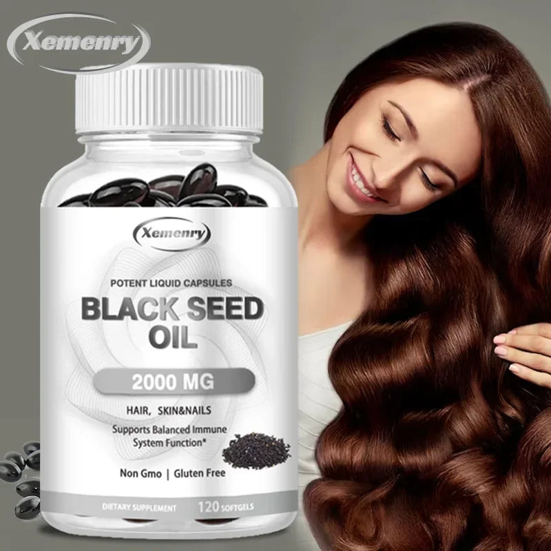 Dietary Supplement, Black Seed Oil Helps Hair Regrowth and Protects Skin and Nails 2000 Mg Supplement