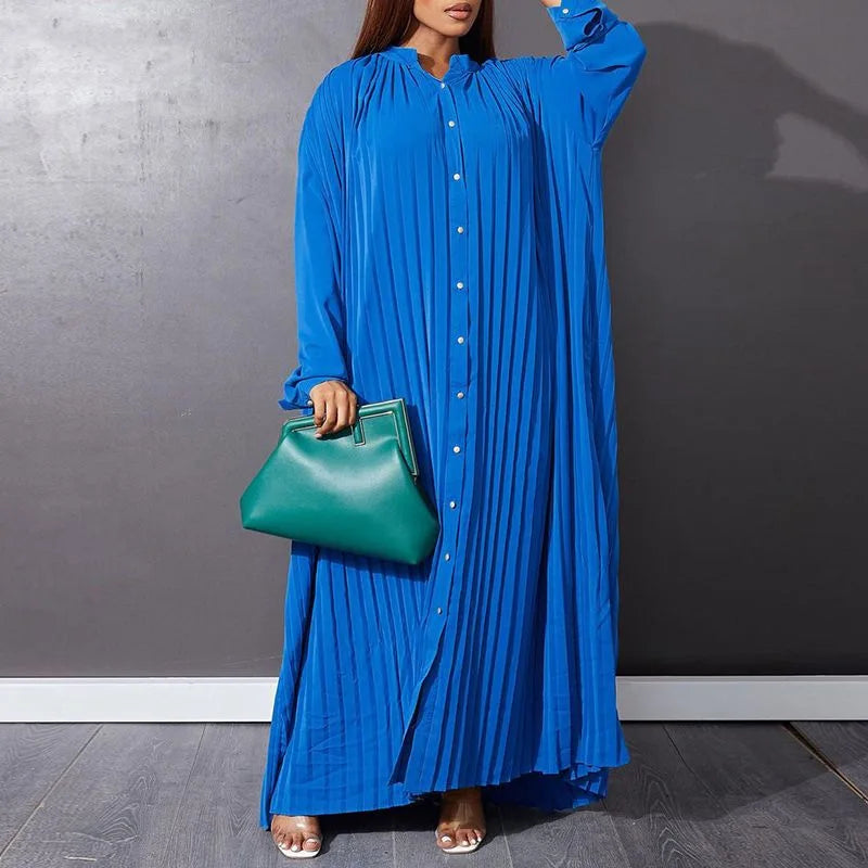 Women Eid Muslim Dresses Stand Collar Single Breasted Dubai Arab Vestidos Ramadan Casual Loose Kaftan Dress Solid Pleated