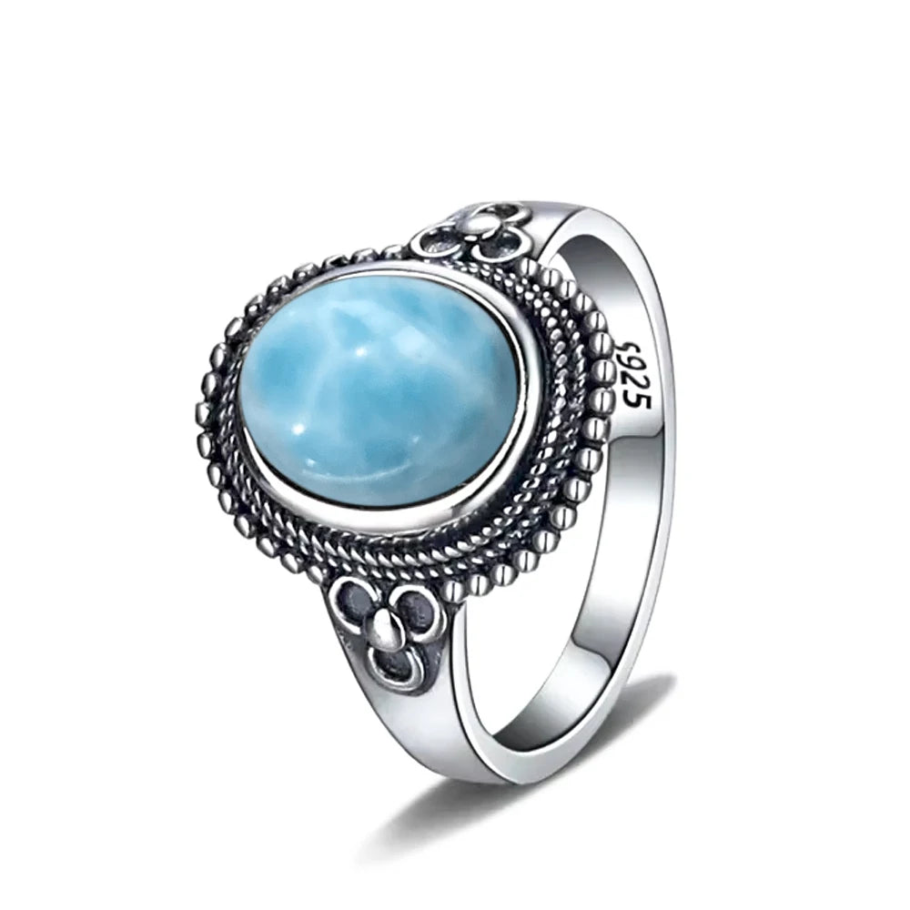 Vintage 925 Silver Ring Natural Larimar Stone Ring Round Flower Shape Sky Blue Summer Ring Fine Jewelry Gift for Men Women