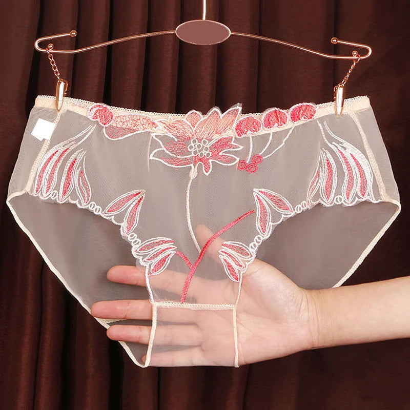 3PCS Solid Full Mesh Sexy Briefs Embroidered Floral Transparent Panties Plus Size Seamless Underwear Low Waist Erotic Lingerie