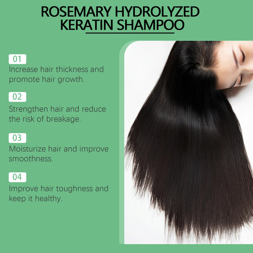 3pcs Rosemary Hair Growth Shampoo Thickening Hydrolyzed Keratin Dry Frizzy Damaged Repair Moisturizing Scalp Cleaning Shampoo