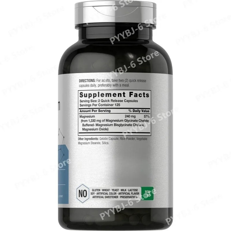 Magnesium Glycinate 1330mg (Elemental Magnesium) 250 Capsules Chelated Buffered Minerals Non-GMO Gluten Free Dietary Supplement