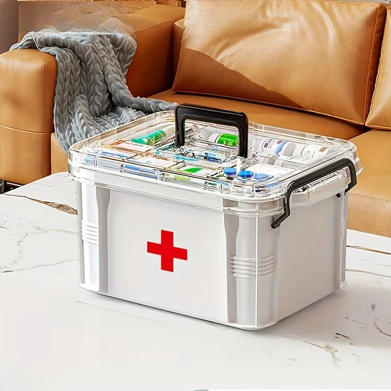 1pc Waterproof Medicine Organizer Box, PVC Storage with Double Layer & Stackable Design, for Pills, Vitamins, First Aid