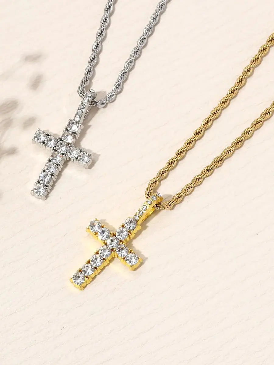 Cross Necklace for Men Gold Necklace for Women Cross Jewelry Silver Plated Solid Iced Cubic Zirconia Stainless Steel Pendant