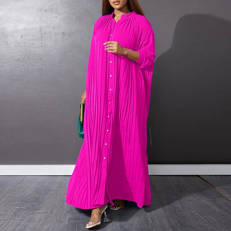 Women Eid Muslim Dresses Stand Collar Single Breasted Dubai Arab Vestidos Ramadan Casual Loose Kaftan Dress Solid Pleated
