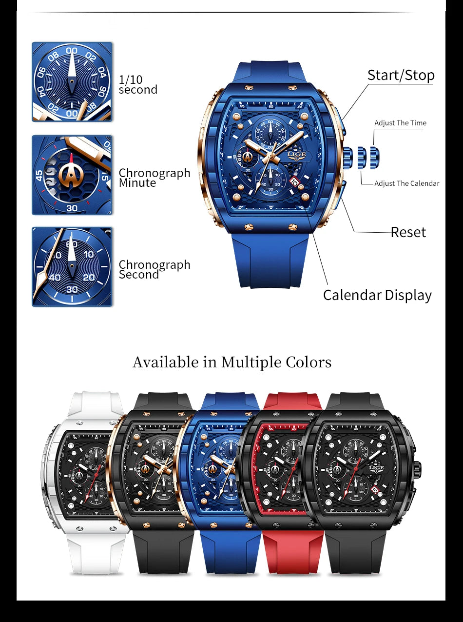 LIGE Top Brand Men's Watches Luxury Square Quartz Wristwatch Waterproof Luminous Chronograph Watch for Men Date Clock