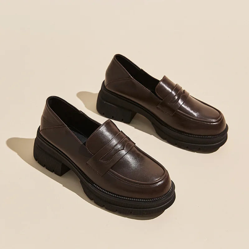 Leather shoes for women 2025 new style spring and autumn thick soled loafers British style retro single shoes for women