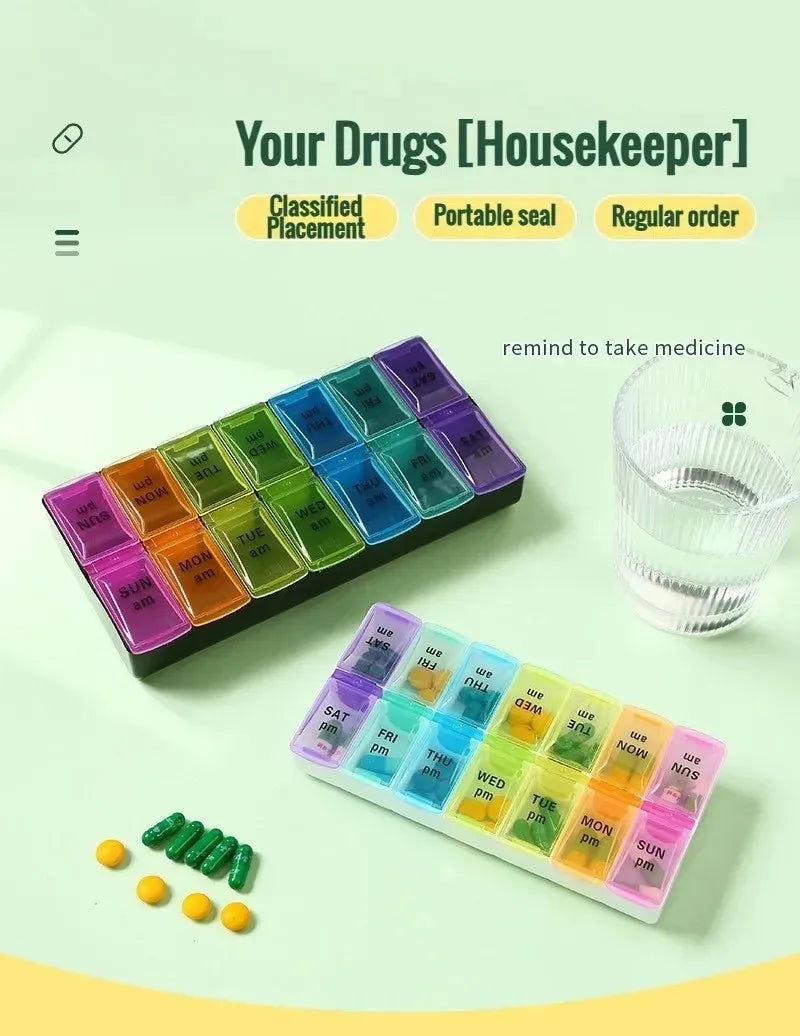7 Day Pill Organizer 14 Compartments 3 Times Daily Portable Travel Medicine Box for Vitamins Fish Oil Supplements