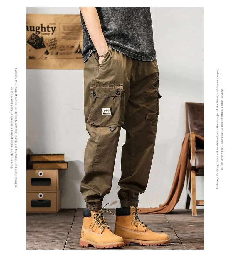 Man's Cargo Pants High Waist Casual Ninth Pants Fashion Slim High Street Straight Workwear Trousers Trend Streetwear Binding leg
