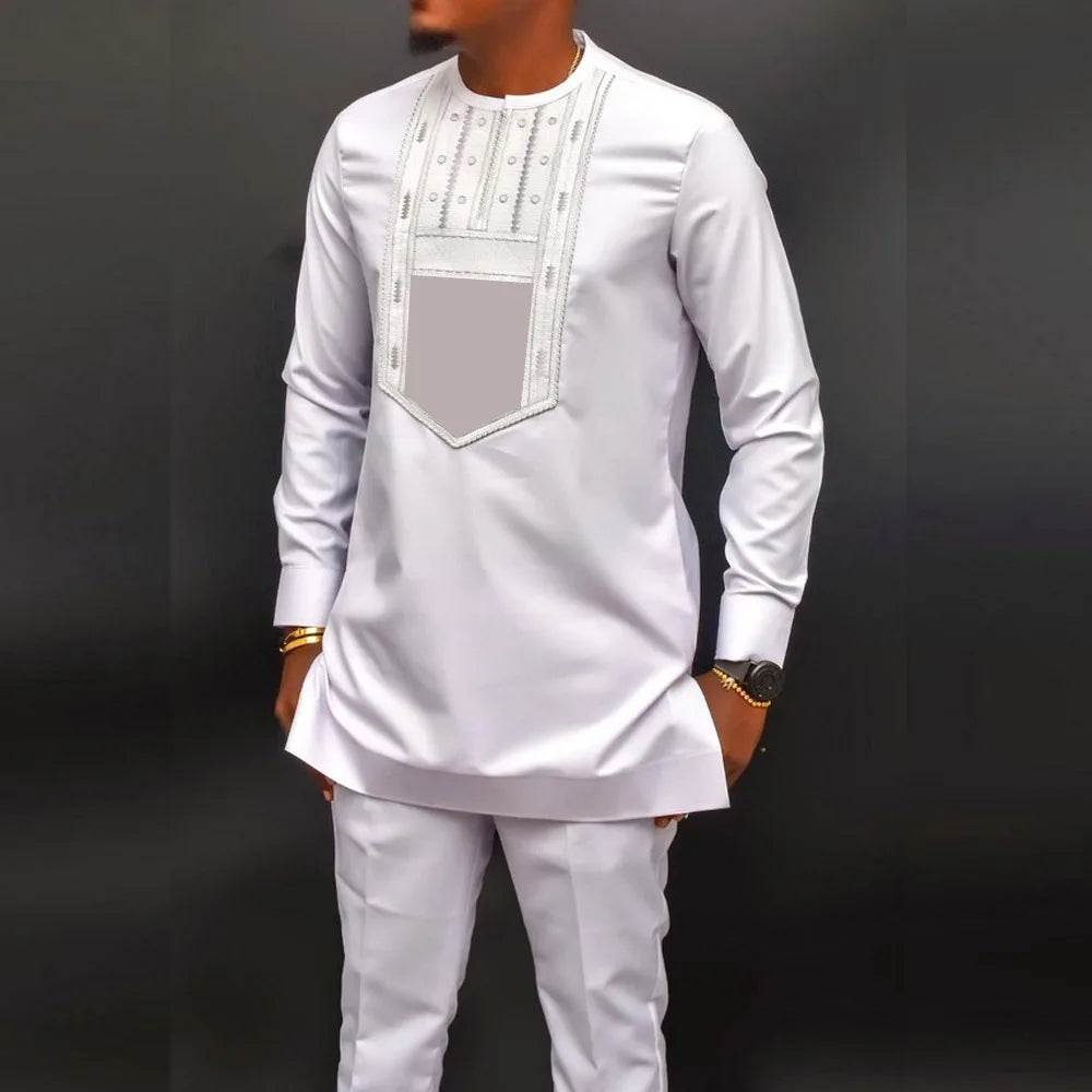 African traditional dress men's suit Long sleeve ethnic style printed patchwork shirt casual pants 2 piece holiday casual suit