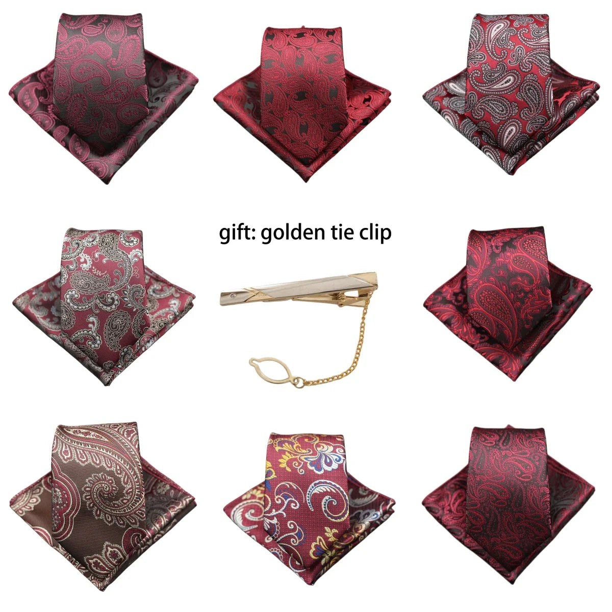Mens Gift Tie Set Exquisite Red Jacquard Wine Burgundy Paisley Wedding Tie For Men Fashion Design Quality Hanky Dropshipping
