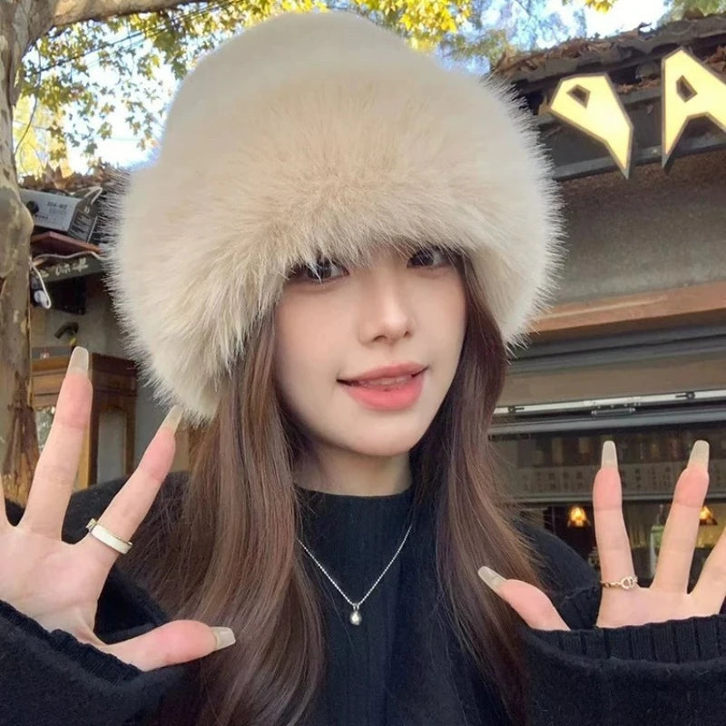 Winter Warm Fleece Bucket Hat with Ear Protector,Winter Windproof SolidColor Thick Casual Elegant Pullover for Outdoor Dailywear