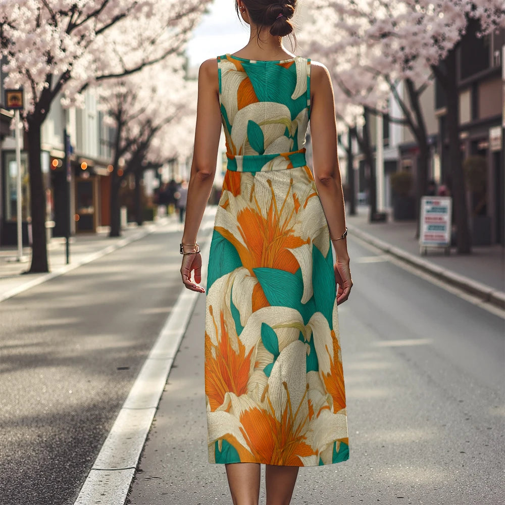 Elegant Floral Dress for Women Breathable A-Line Sleeveless Dress Chic Blue & White with Pink Blooms Office To Vacation Dress