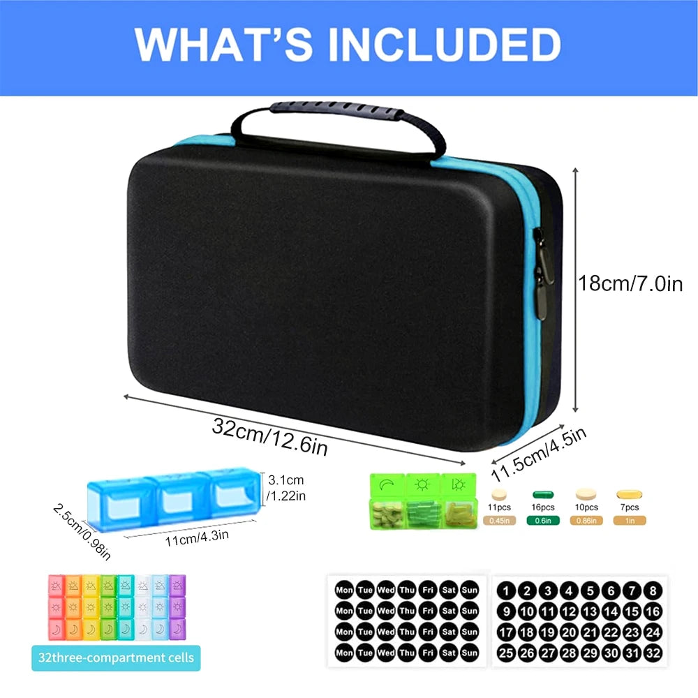 Pills Box Organizer with Travel Case, Monthly Medicine Organizer with 32 Daily Compartments for Vitamin, Fish Oil & Supplements