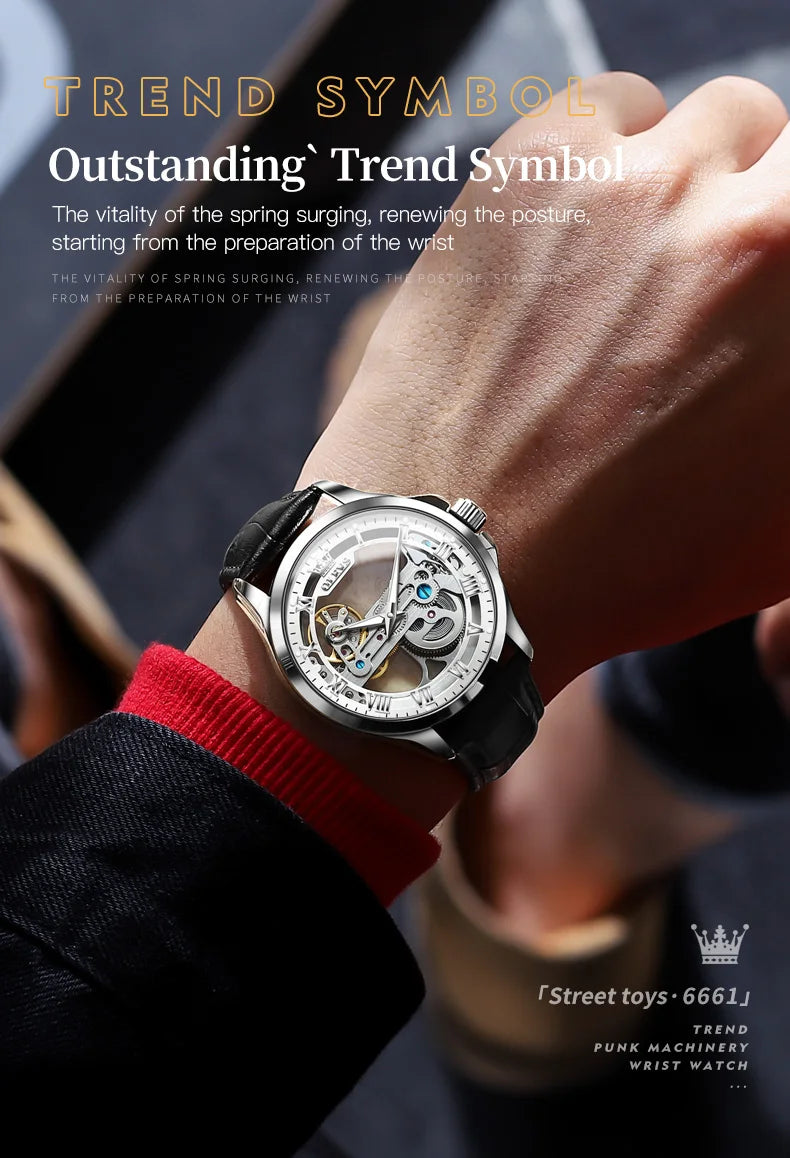 OLEVS 6661 Top Brand Men's Watches Fashion Hollow Flywheel Automatic Mechanical Wristwatch Waterproof Luminous Leather Strap