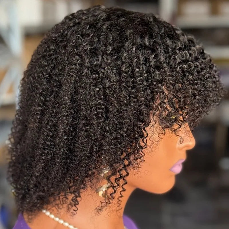 High Quality 180% Density Short Curly Fringe Wig Brazilian Virgin Remy Human Hair Natural Color Full Machine Made for Women