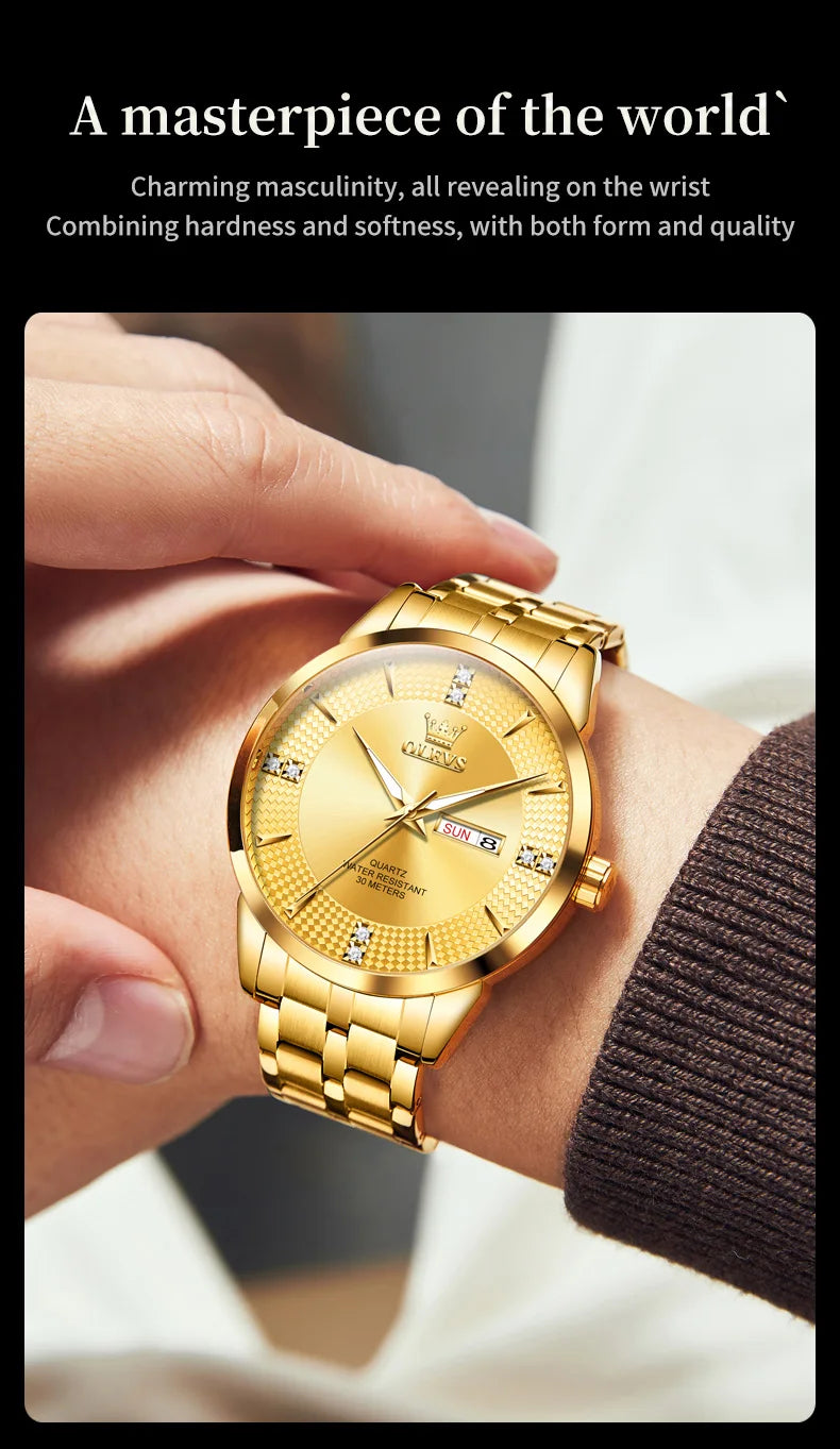 OLEVS Men Watches Luxury Business Fine Steel Original Brand Quartz Wristwatch for Man Waterproof Luminous Date Week Casual Dress