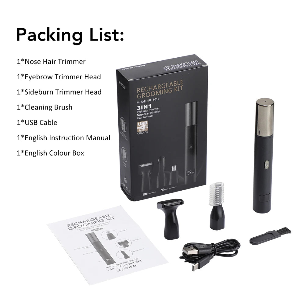 3 in 1 Electric Nose Ear Hair Trimmer for Men LED Display Eyebrow Beard Hair Clipper Shaver USB Rechargeable Easy Cleansing