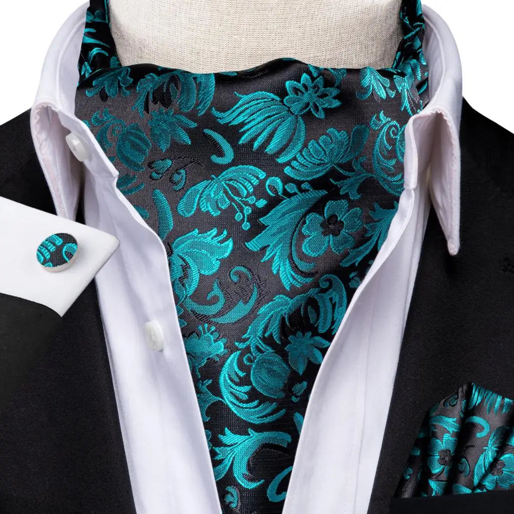 Hi-Tie Mens Ascot Black Pink Blue Red Gold Green Purple White Cravat Tie Hanky Cufflinks for Male Wedding Business Prom