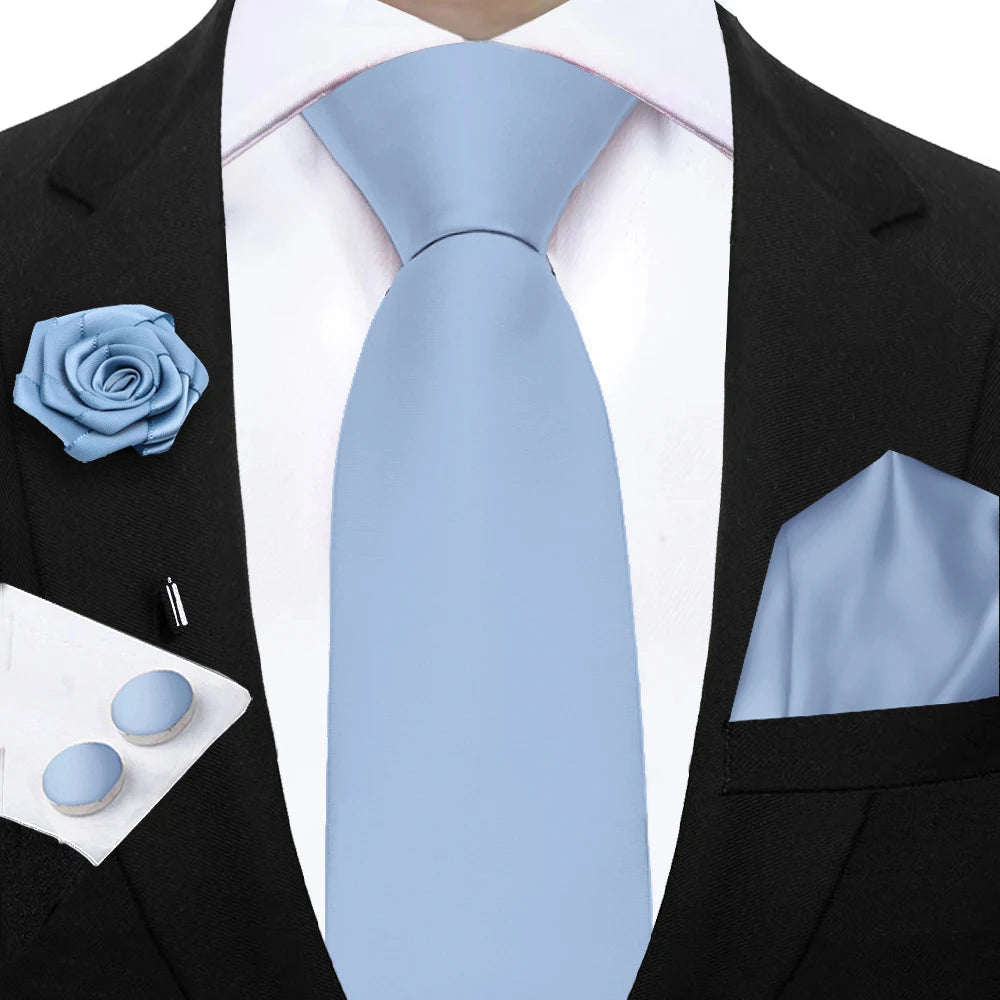 Mens Ties Solid NeckTie Pocket Square Brooch Set Men's Wedding Pink Blue Purple Tie Suit Accessories Fit Group Holiday Party