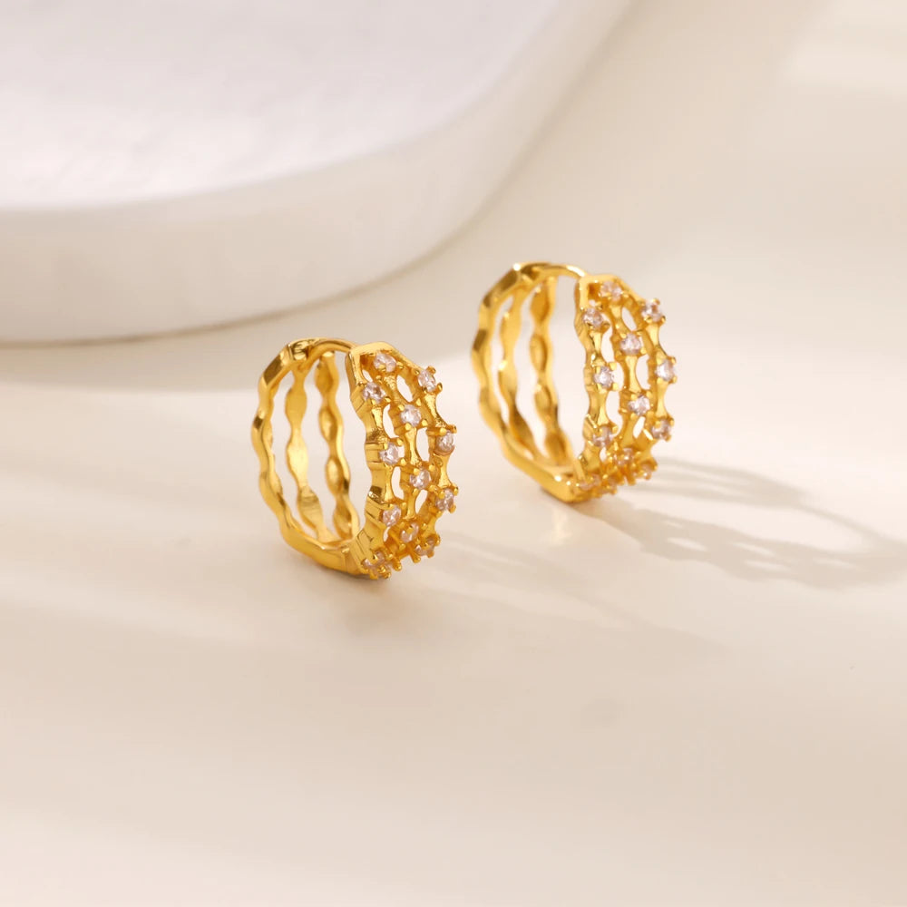 Cubic Zirconia Hoop Earrings For Women Luxury Crystal Zircon Gold Color Stainless Steel Earring Jewelry Wedding Party Gift