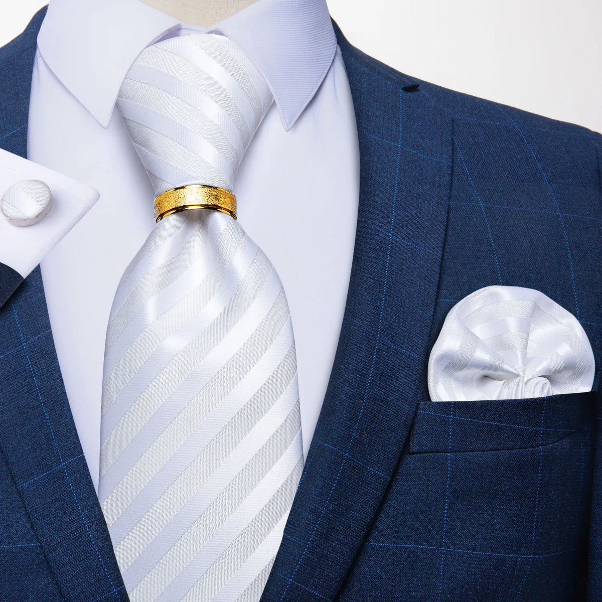 Men Tie with Golden Color Metal Ring Fashion 8cm Tie Set Handkerchief Cufflinks Business Wedding Party Accessories Gift for Men