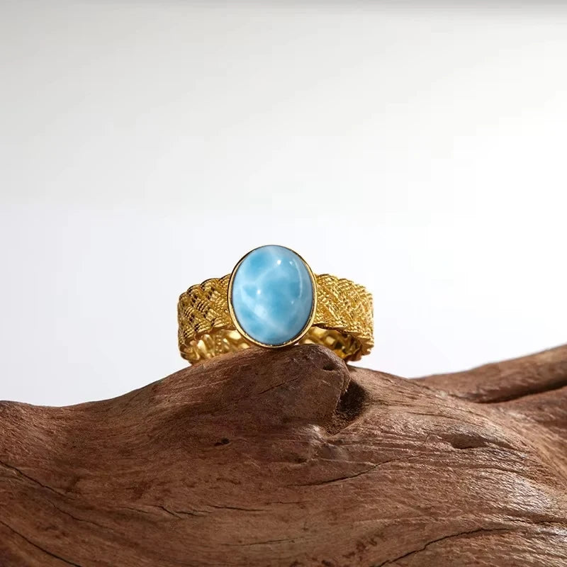 Vintage 925 Silver Ring Natural Larimar Stone Ring Round Flower Shape Sky Blue Summer Ring Fine Jewelry Gift for Men Women