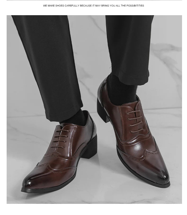 Men's High Heel Business Leather Shoes Mens Pointed Toe Dress Office Flats Men Fashion Wedding Party Oxfords Plus Size 38-46