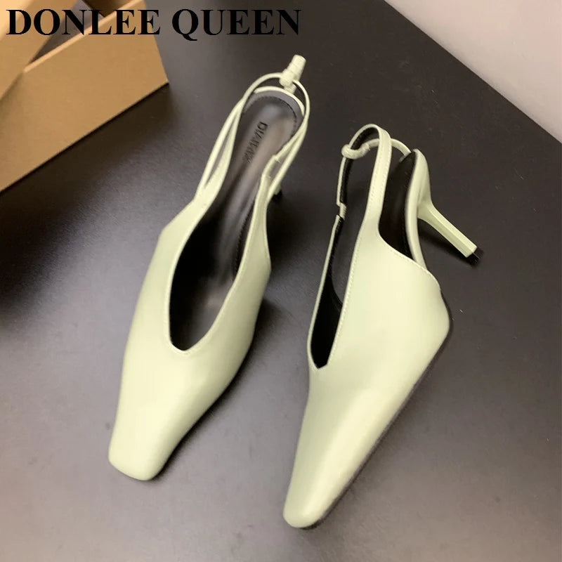 2026 New Spring Women Sandals Fashion Thin High Heels Pumps Square Toe Shallow Women's Shoes For Party Dress Mules Zapatos Mujer