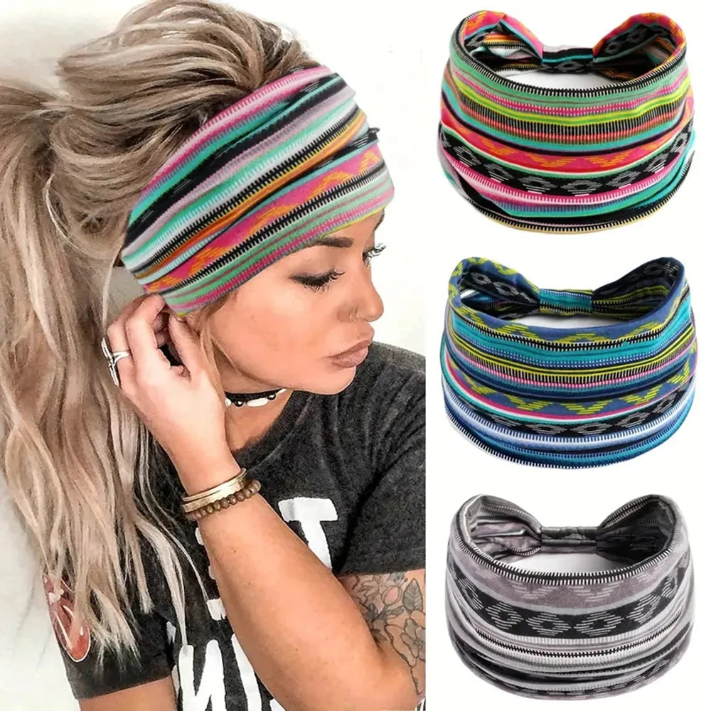 1/3pcs European American Women'S Bohemian Style Elastic Headscarf Fashionable Breathable Cotton Wide Brimmed Hair Accessories