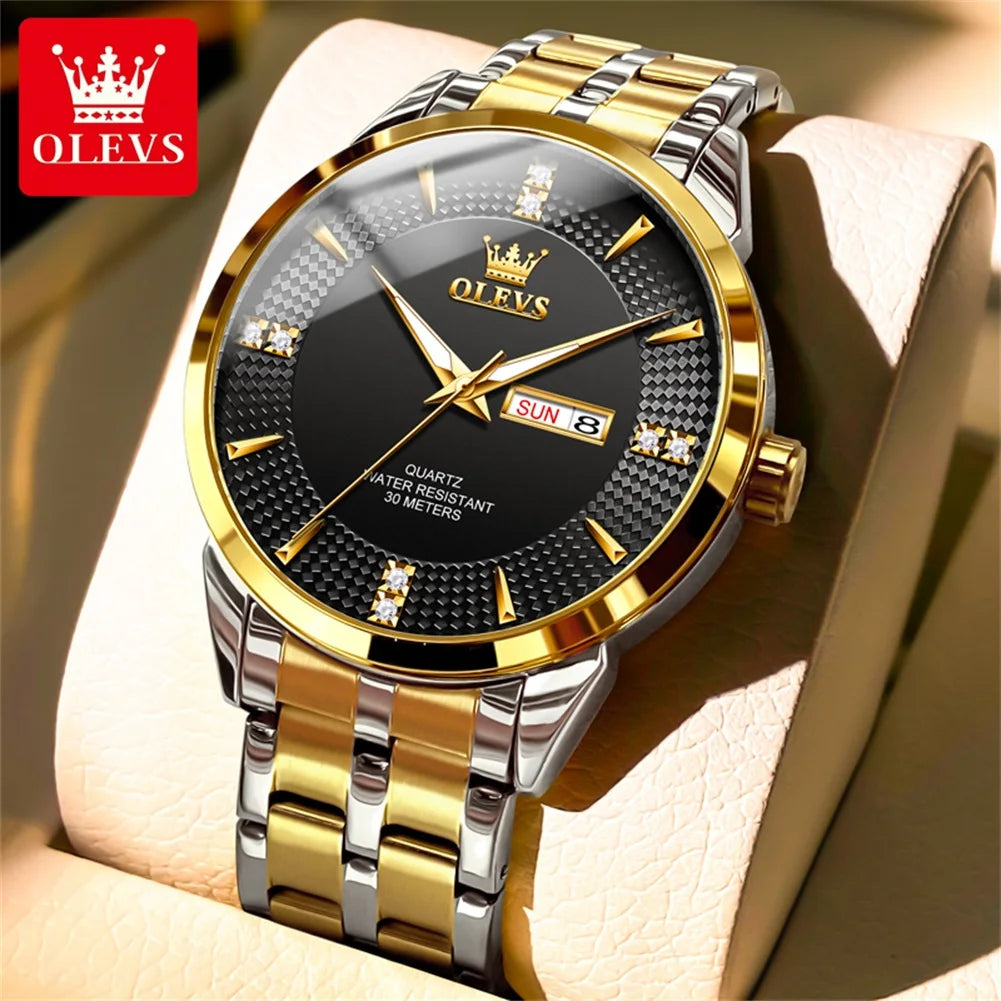 OLEVS Men Watches Luxury Business Fine Steel Original Brand Quartz Wristwatch for Man Waterproof Luminous Date Week Casual Dress