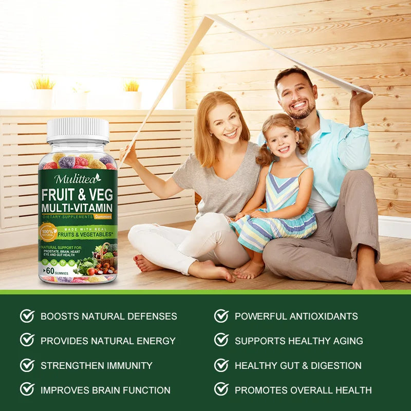 Mulittea Natural Vegetable & Fruit Gummies Anti-Constipation Detox Daily Fruit Help Digestion Multiple Vitamins Supplement