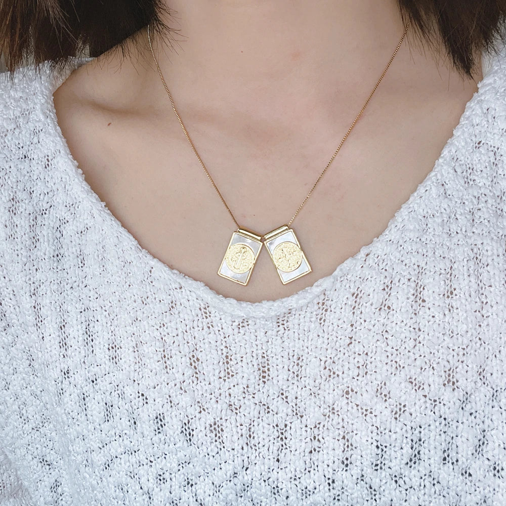 Religious Saint Benedict Cross Guadalupe Necklaces Female Metal Gold Natural Sea Shell Pendant Jewelry For Women