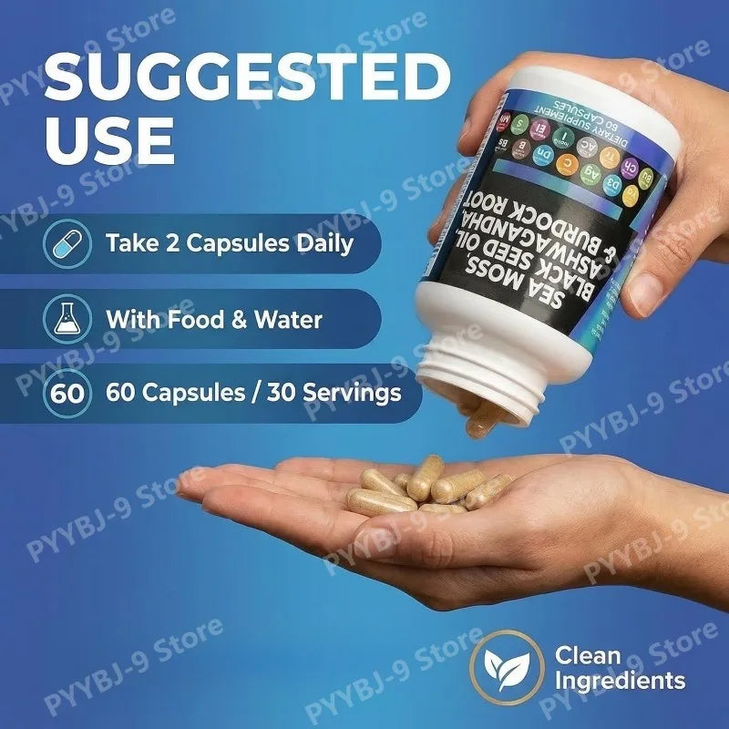 Sea Moss Black Seed Oil Ashwagandha Burdock Bladderwrack Turmeric Complex Elderberry Chlorophyll ACV Dandelion60 Capsules