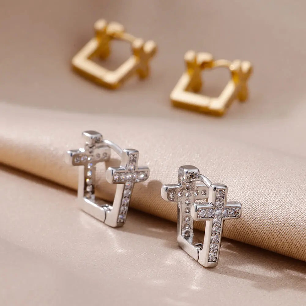 CZ Zircon Cross Hoop Earrings For Women Stainless Steel Hip Hop Punk Small Geometric Round Earrings Religion Jewelry Gift