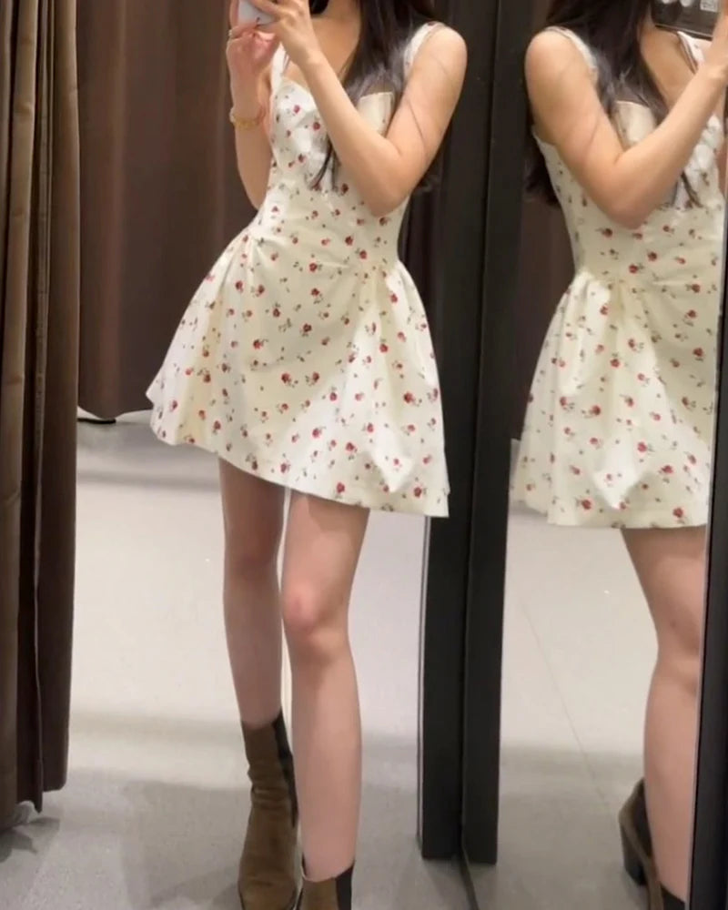 Women's Dress 2026 New Fashion Spring Summer Sleeveless Floral Print Puffy Dress for Women Elegant Chic Female Dress