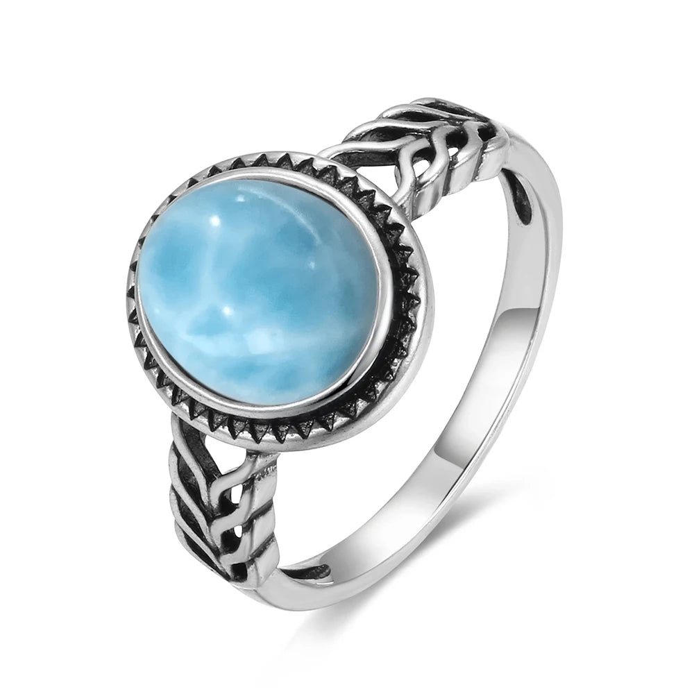 Vintage 925 Silver Ring Natural Larimar Stone Ring Round Flower Shape Sky Blue Summer Ring Fine Jewelry Gift for Men Women
