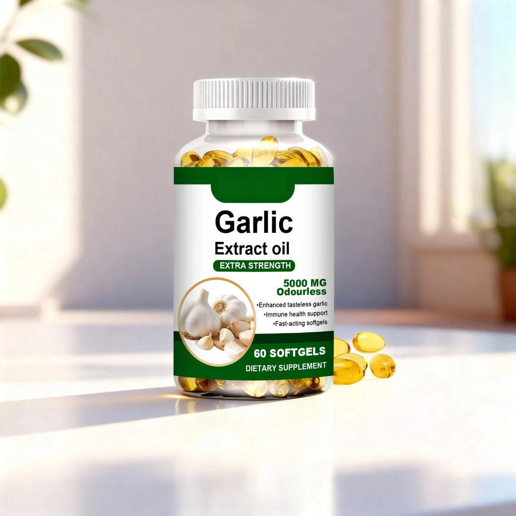 Odourless Garlic Extract Softgels 5000mg – Immune Boost & Heart Health Support – Fast-Acting Formula, 60 Tasteless Softgels