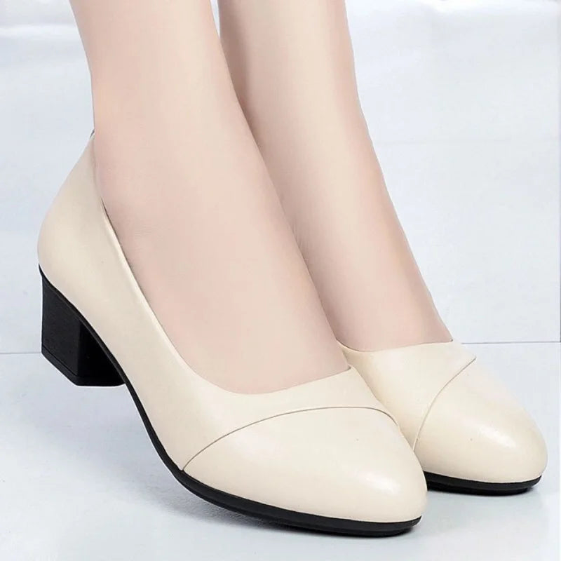 Women Shallow Mouth Mid Heel Shoes 3-5cm Square Heel Low Top Pointed Toe PU Leather Rubber Sole Comfort Casual Office Dress Wear