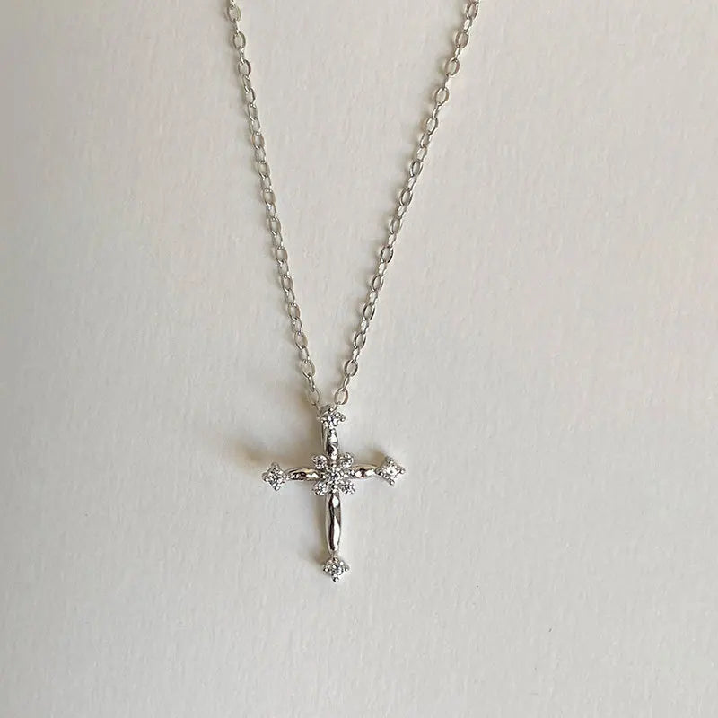 Luxury Exquisite Inlaid Full Zircon 925 Sterling Silver Cross Necklace for Women Girls Collarbone Chain Jewelry Accessories Gift