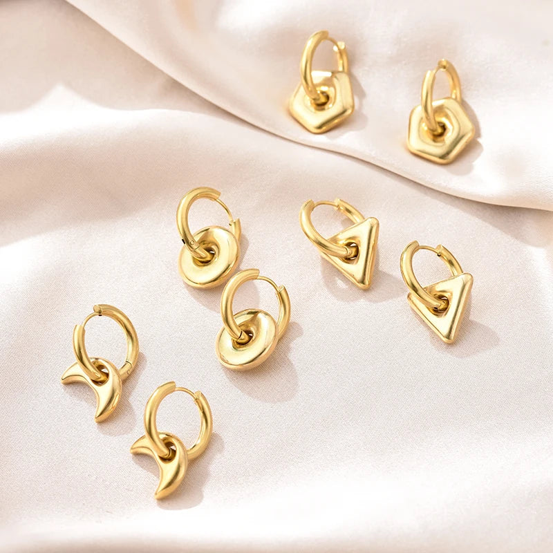 Stainless Steel Round Star Moon Heart Pendant Hoop Earrings for Women Fashion Classic Y2K Jewelry Gold Silver Color Earring