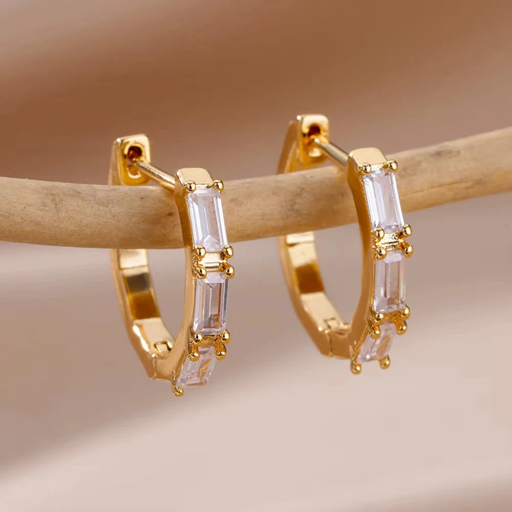 Cubic Zirconia Hoop Earrings For Women Luxury Crystal Zircon Gold Color Stainless Steel Earring Jewelry Wedding Party Gift