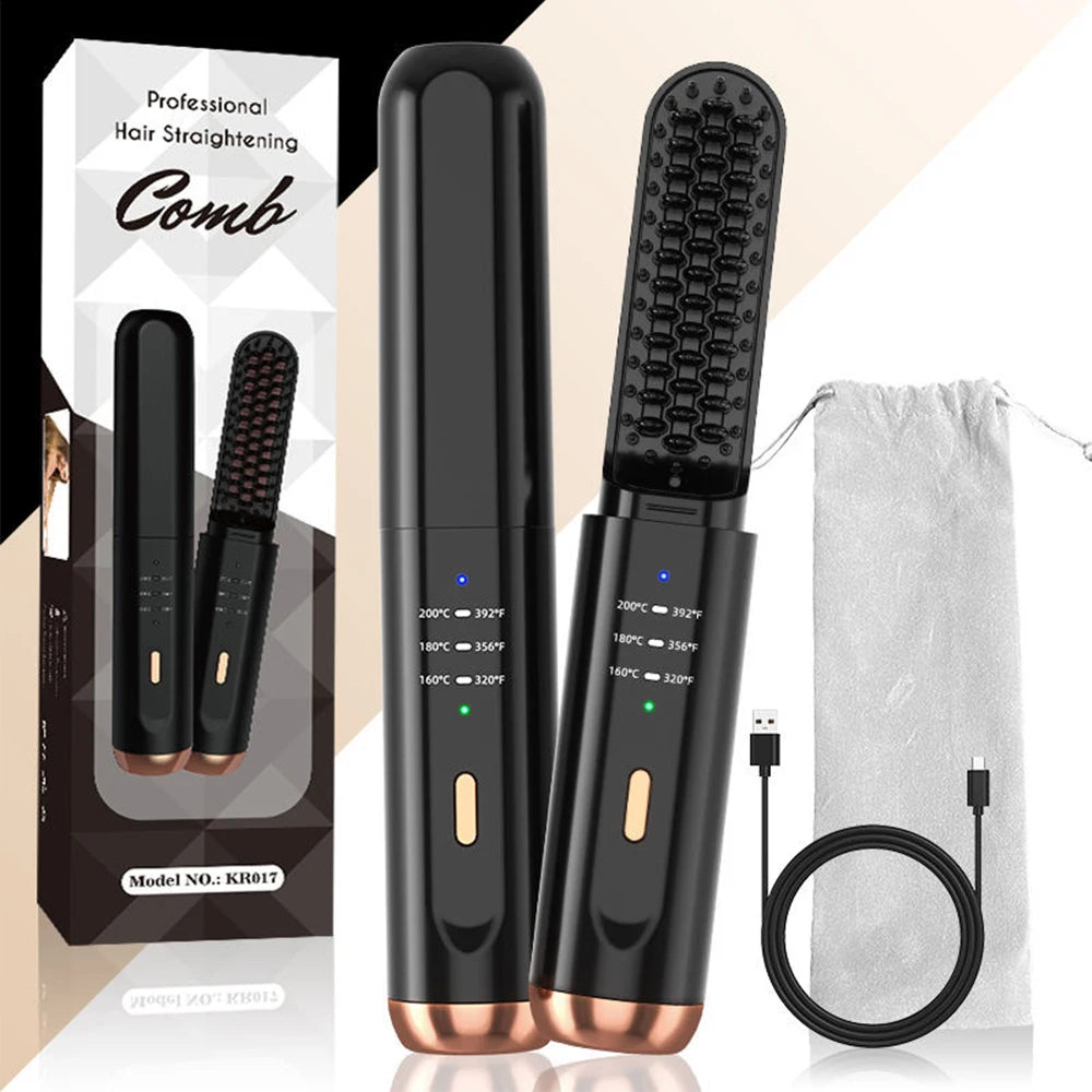 Cordless Beard Straightener for Men Portable Hair Straightener Brush Women Mini Electric Hair Brushes for Home Travel Hot Comb