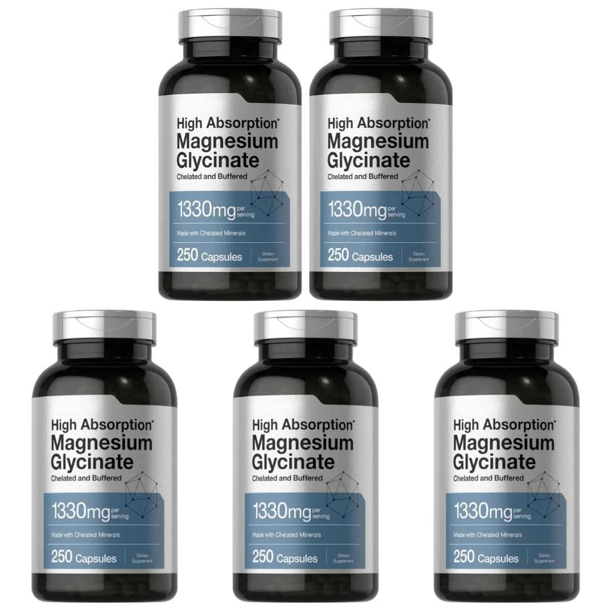 Magnesium Glycinate 1330mg (Elemental Magnesium) 250 Capsules Chelated Buffered Minerals Non-GMO Gluten Free Dietary Supplement