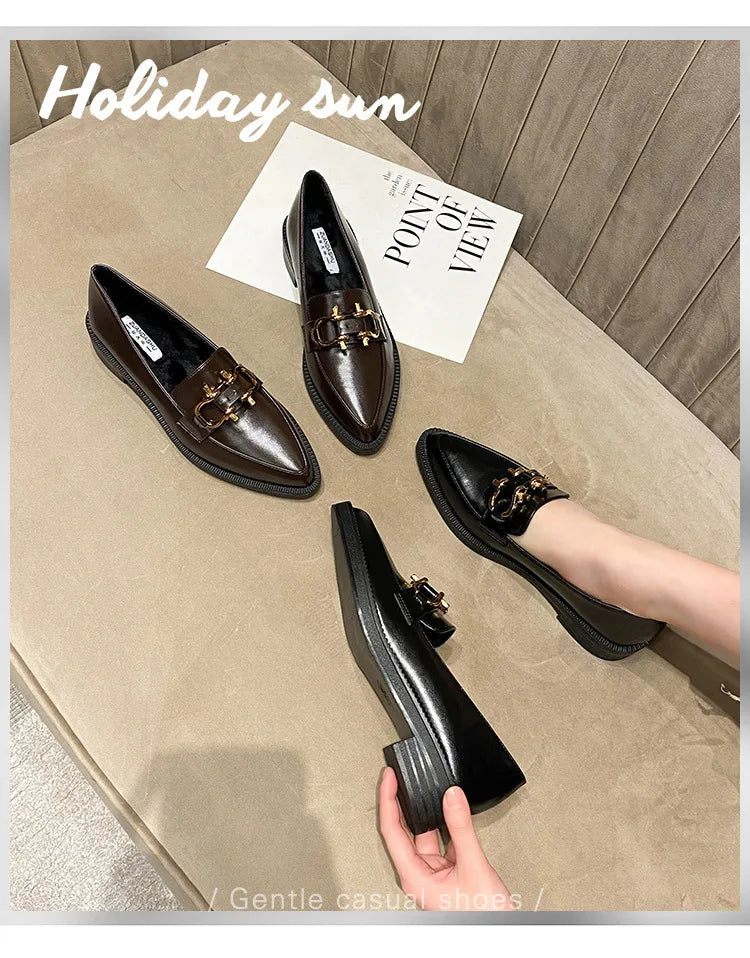 New Women Pointed Toe Leather Casual Shoes British Style Dress Shoes Fashion Cool Slip-on Loafers