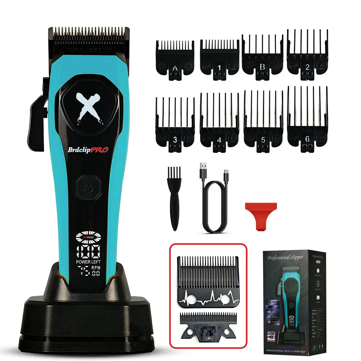 Professional BRDCLIP 619 Hair Clipper 7500RPM Precision Steel Sharp-angled Blades LCD Display Charging Base Hair Cutting Machine