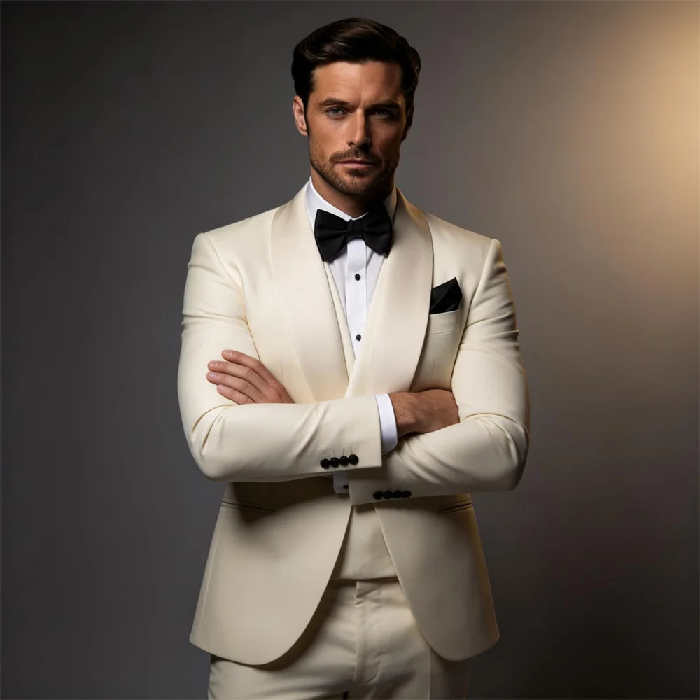 Elegant Ivory Tuxedo Suit for Men 3 piece set Jacket Vest Pants Classic Attire for Wedding Dating Host Prom Ball Party Dress