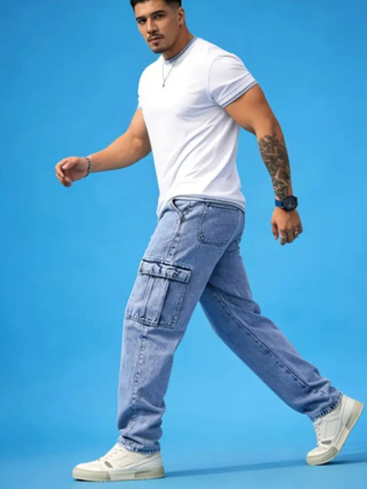 Men's Classic Multi-Pocket Jeans - Casual Street Style Regular Fit, Machine Washable, All-Season Wear, Light Blue Jeans