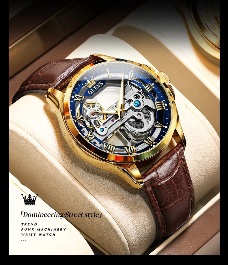 OLEVS 6661 Top Brand Men's Watches Fashion Hollow Flywheel Automatic Mechanical Wristwatch Waterproof Luminous Leather Strap